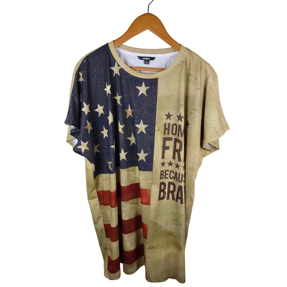 Ouku Mens 2XL American Flag Graphic Tee Home of the Free Brave T-Shirt Green
